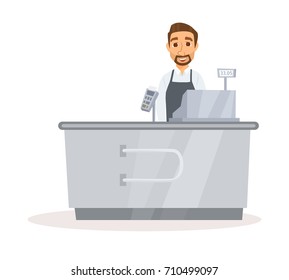 Cashier In The Apron. Cash Register Desk Or Checkout Counter At Grocery Store. Cartoon Interior And Assistant Of A Retail Shop.