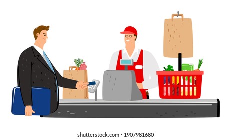 Cashier and buyer. Flat customer pays with credit card in store. food basket, cashbox, smile cashier and businessman - Powered by Shutterstock