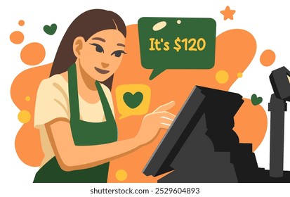 A cashier girl, girl is serving the seller, cashier machine, minimarket, vector clip art and illustration, simple graphic design, iconic picture, flat design, white background  - Powered by Shutterstock