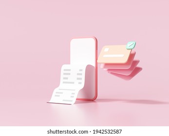Cashless society, credit card and smartphone with a transaction on pink background. money-saving, online payment concept. 3d render illustration