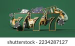 Casino 777 jackpot with cards, chips and roulette with dice on green background. Concept of lucky and win. 3D rendering