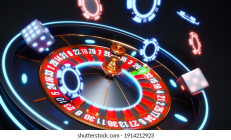 Casino background with neon glow roulette and poker chips falling 3d rendering.