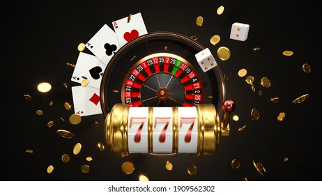 Casino background. Slot machine with roulette wheel. Online casino concept. Falling poker chips. 3d rendering