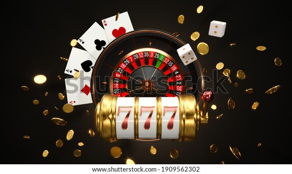 Casino\
background. Slot machine with roulette wheel. Online casino\
concept. Falling poker chips. 3d\
rendering