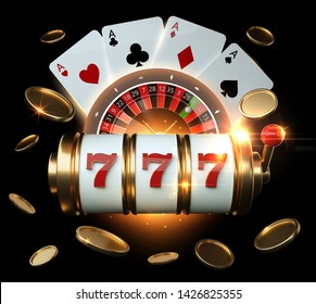 Casino Banner, Gambling Concept, Slot Machine, Roulette Wheel And Four Aces With Golden Coins - 3D Illustration