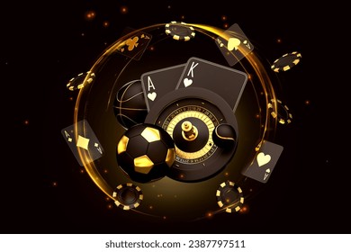 casino betting gambling mix slot machine roulette set card soccer football basketball balls banner 3d render 3d rendering illustration  - Powered by Shutterstock