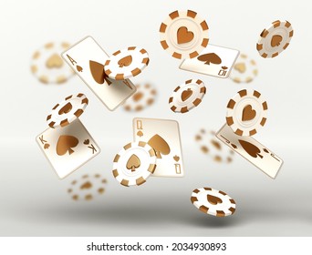 casino cards and chips gold white motions poker balckjack baccarat 3d render 3d rendering illustration 