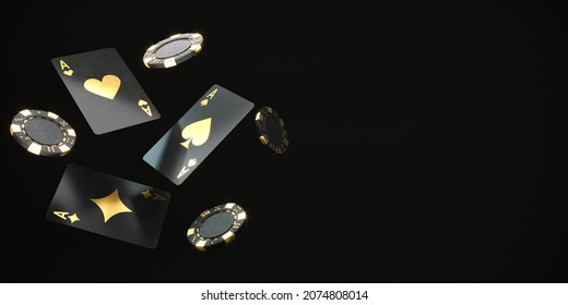 Casino cards game with chips and cubes on dark black background - 3d render. Flying cards for online casinos and mobile gambling applications, poker - winner, wealth concept. 