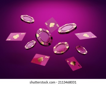 Casino Cards Game With Chips And Cubes On Dark Black Background - 3d Render. Flying Cards For Online Casinos And Mobile Gambling Applications, Poker - Winner, Wealth Concept. 