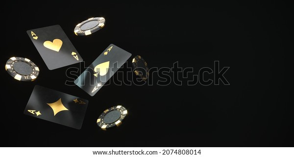 Casino\
cards game with chips and cubes on dark black background - 3d\
render. Flying cards for online casinos and mobile gambling\
applications, poker - winner, wealth concept.\
