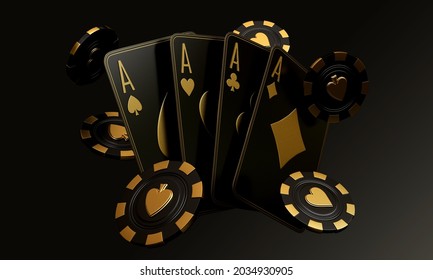 casino cards poker balckjack baccarat and chips gold black 3d render 3d rendering illustration 