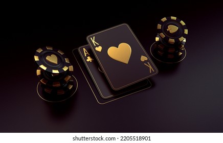 Casino Cards Poker Balckjack Baccarat And Chips Gold Black 3d Render 3d Rendering Illustration 