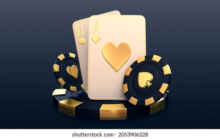 Casino Cards Poker Blackjack Baccarat  Black And Red Ace Symbols With Golden Metal 3d Render 3d Rendering Illustration 