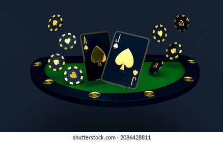 Casino Cards Poker Blackjack Baccarat  Black And Red Ace Symbols With Golden Metal 3d Render 3d Rendering Illustration 