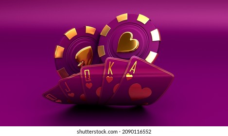 Casino Cards Poker Blackjack Baccarat  Black And Red Ace Symbols With Golden Metal 3d Render 3d Rendering Illustration 