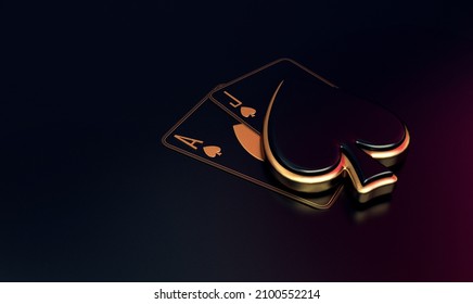 casino cards poker blackjack baccarat craps dice Black And Red Ace Symbols With Golden Metal 3d render 3d rendering illustration 