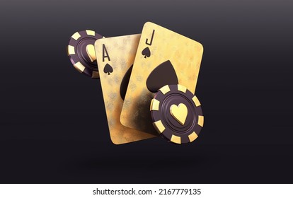 Casino Cards Poker Blackjack Baccarat Black And Red Ace Symbols With Golden Metal 3d Render 3d Rendering Illustration 