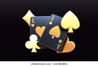 Casino Cards Poker Blackjack Baccarat Black And Red Ace Symbols With Golden Metal 3d Render 3d Rendering Illustration 