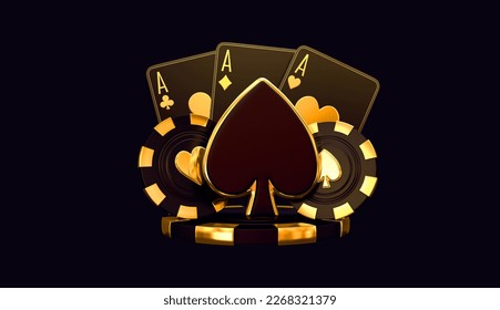 Chip de casino y tarjetas blackjack de póquer baccarat Símbolos de arco negro y rojo con metal dorado 3d ilustración de representación 3d 