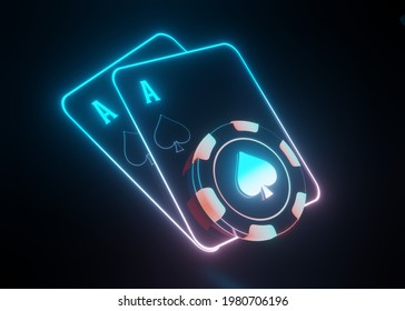 Casino chip and playing cards with glowing neon lights, 3d illustration