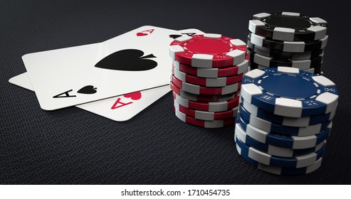 Casino Chips And Aces On The Poker Table - 3D Illustration
