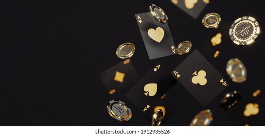 Casino chips and cards on black background. Casino game golden 3D chips. Online casino background banner or casino logo. Black and gold chips. Gambling concept, poker mobile app icon. 3D rendering
