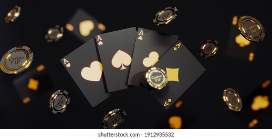 Casino Chips And Cards On Black Background. Casino Game Golden 3D Chips. Online Casino Background Banner Or Casino Logo. Black And Gold Chips. Gambling Concept, Poker Mobile App Icon. 3D Rendering