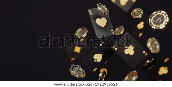 Casino chips and cards on black background.\
Casino game golden 3D chips. Online casino background banner or\
casino logo. Black and gold chips. Gambling concept, poker mobile\
app icon. 3D\
rendering
