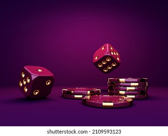 Casino chips and cubes on bright, violet, neon background - 3d render. Flying chip for online casinos and mobile gambling applications, poker - winner, wealth concept.  - Powered by Shutterstock