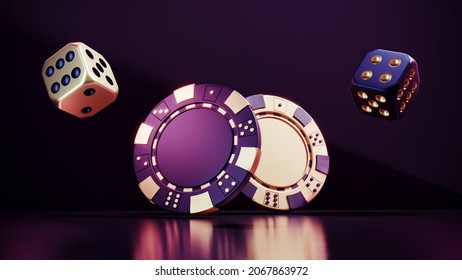 Casino Chips And Cubes On Dark Black Background - 3d Render. Flying Chip For Online Casinos And Mobile Gambling Applications, Poker - Winner, Wealth Concept. 