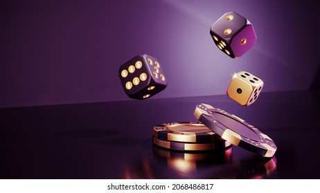 Casino Chips And Cubes On Dark Black Background - 3d Render. Flying Chip For Online Casinos And Mobile Gambling Applications, Poker - Winner, Wealth Concept. 