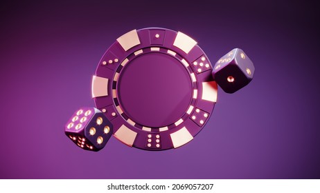 Casino Chips And Cubes On Dark Black Background - 3d Render. Flying Chip For Online Casinos And Mobile Gambling Applications, Poker - Winner, Wealth Concept. 