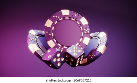 Casino Chips And Cubes On Dark Black Background - 3d Render. Flying Chip For Online Casinos And Mobile Gambling Applications, Poker - Winner, Wealth Concept. 