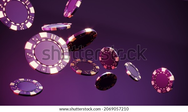 Casino chips and cubes on dark\
black background - 3d render. Flying chip for online casinos and\
mobile gambling applications, poker - winner, wealth concept.\
