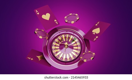 Casino Chips, Cubes, Roulette, Drum  On Dark Violet Background - 3d Render. Flying Chip For Online Casinos And Mobile Gambling Applications, Poker - Winner, Wealth Concept. 