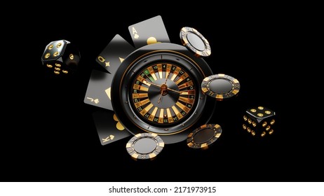 Casino chips, cubes, roulette, drum  on dark black background - 3d render. Flying chip for online casinos and mobile gambling applications, poker - winner, wealth concept.  - Powered by Shutterstock