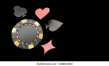 Casino chips, cubes, roulette, drum  on dark black background - 3d render. Flying chip for online casinos and mobile gambling applications, poker - winner, wealth concept.  - Powered by Shutterstock