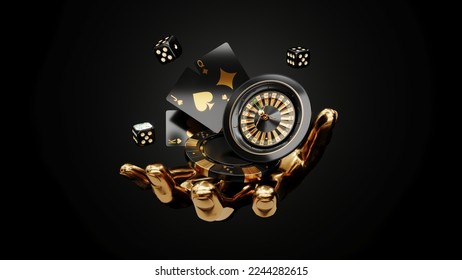 Casino chips, cubes, roulette, drum  on dark black background - 3d render. Flying chip in handbreadth for online casinos and mobile gambling applications, poker - winner, wealth concept. Luck in hand. - Powered by Shutterstock