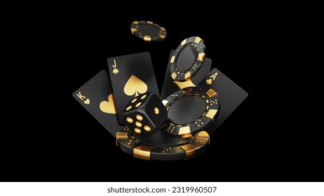 Casino chips, cubes, roulette, drum  on dark black background - 3d render. Flying chip for online casinos and mobile gambling applications, poker - winner, wealth concept.  - Powered by Shutterstock