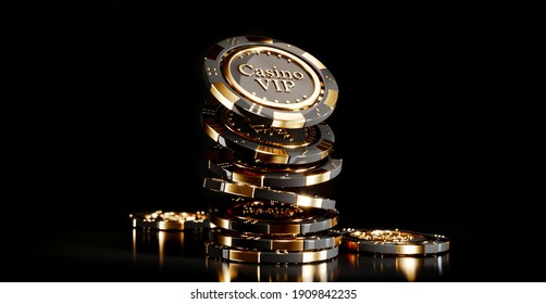 Casino chips on black background. Casino game golden 3D chips. Online casino background banner or casino logo. Black and gold chips. Gambling concept, poker mobile app icon. 3D rendering. - Powered by Shutterstock