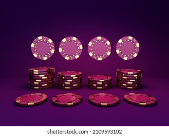 Casino Chips On Bright, Violet, Neon Background - 3d Render. Flying Chip For Online Casinos And Mobile Gambling Applications, Poker - Winner, Wealth Concept. 