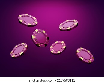 Casino Chips On Bright, Violet, Neon Background - 3d Render. Flying Chip For Online Casinos And Mobile Gambling Applications, Poker - Winner, Wealth Concept. 