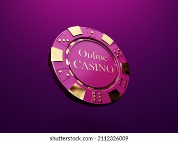 Casino Chips On Bright, Violet, Neon Background - 3d Render. Flying Chip For Online Casinos And Mobile Gambling Applications, Poker - Winner, Wealth Concept.