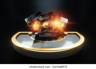 Casino concept, blackjack table. black and gold design, gambling, luxury style, baccarat, poker. Poster for casino design. 3D render, 3D illustration - Powered by Shutterstock