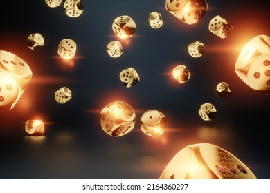 Casino Concept, Golden Dice On Black Background, Black And Gold Design. Gambling, Luxury Style, Poker, Blackjack, Baccarat. Casino Win Poster. Design For Gambling Banner. 3D Render, 3D Illustration