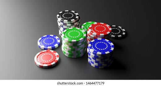 Casino Concept. Poker Chips Stacks On Black Table, High Angle View. 3d Illustration