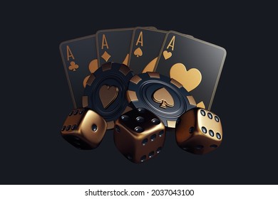 casino crabs dice cards poker balckjack baccarat and chips gold  3d render 3d rendering illustration 