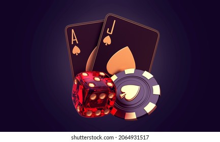 Casino Dice Craps Cards Poker Blackjack Baccarat  Black And Red Ace Symbols With Golden Metal 3d Render 3d Rendering Illustration 