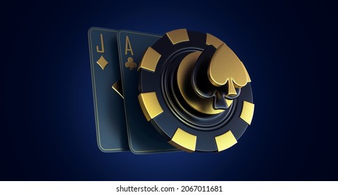 Casino Dice Craps Cards Poker Blackjack Baccarat  Black And Red Ace Symbols With Golden Metal 3d Render 3d Rendering Illustration 