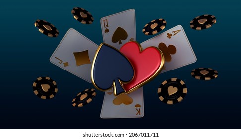 casino dice craps cards poker blackjack baccarat  Black And Red Ace Symbols With Golden Metal 3d render 3d rendering illustration 